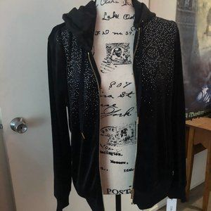 Calvin Klein Black Velour Rhinestone Hooded Sweatshirt size M